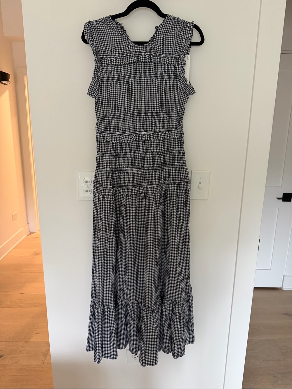 Caroline Constas Smocked Gingham Maxi Dress in Black and White